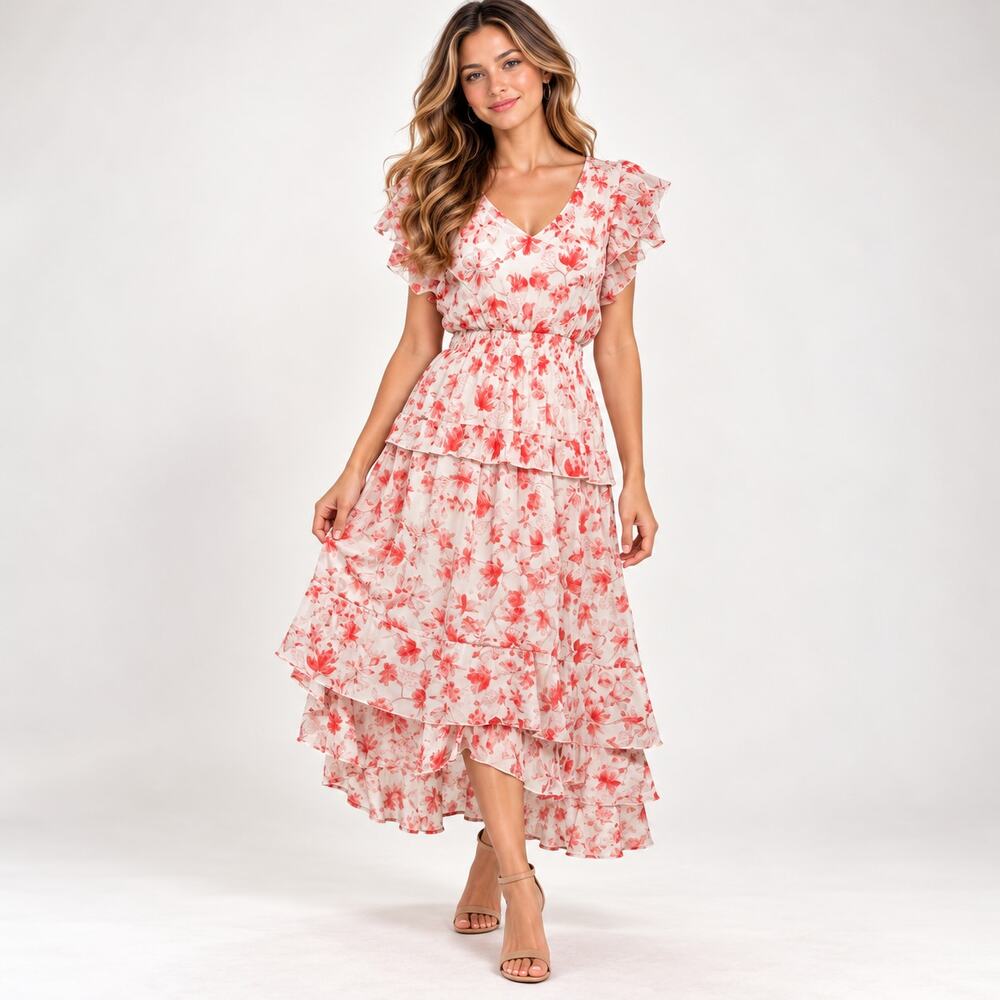J Gee Maxi Floral Dress Women's Size L Red Tiered Ruffle Romantic Coquette Fairy